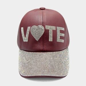 Burgundy Leather VOTE Rhinestone Crystal Brim Baseball Cap Statement Hat Bling